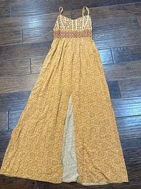 Xhilaration Mustard Yellow Embroidered Smocked Maxi Dress Size S